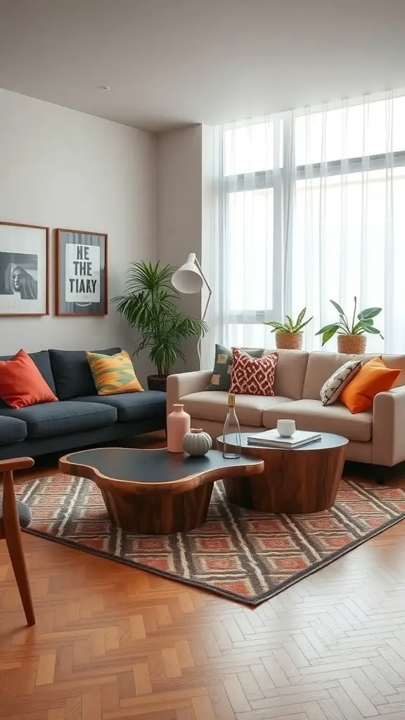 A funky living room featuring a unique coffee table with an organic shape, colorful cushions on the couch, and potted plants.