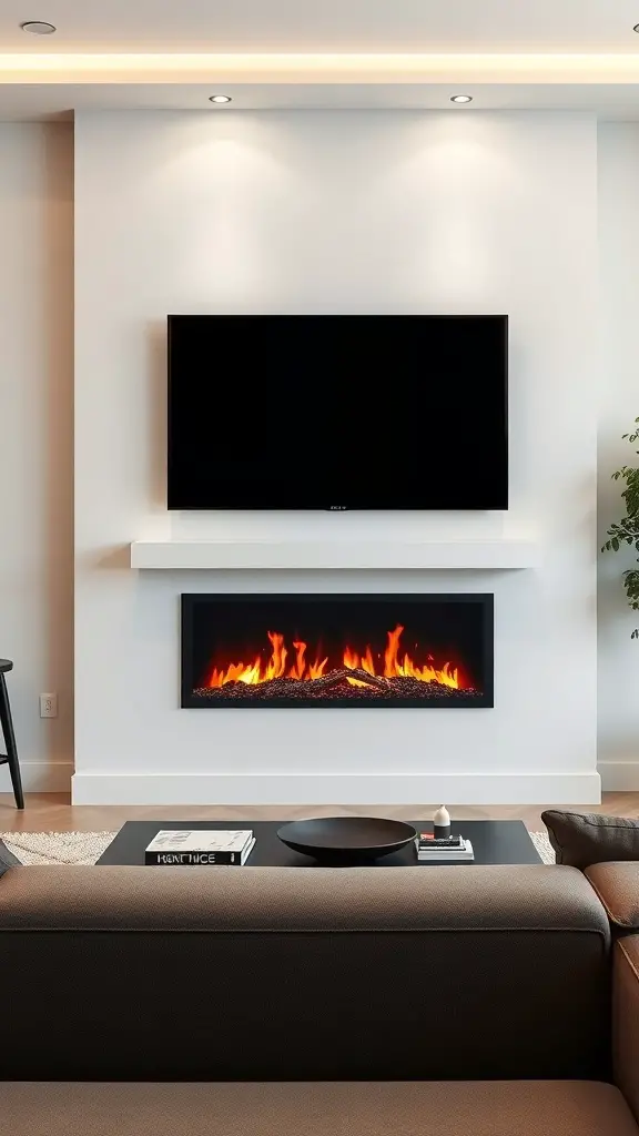 29+ Stunning Electric Fireplace Ideas to Complement Your TV 8 A modern living room featuring a wall-mounted electric fireplace below a TV, with a minimalist design and cozy atmosphere.
