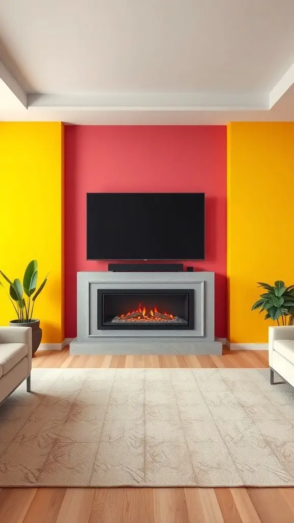 29+ Stunning Electric Fireplace Ideas to Complement Your TV 12 Living room with colorful accent wall, electric fireplace, and TV