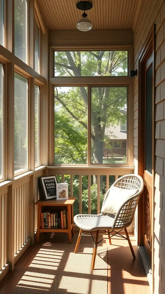 A cozy reading nook in a small screened-in porch with natural light, featuring a comfortable chair and a small table.