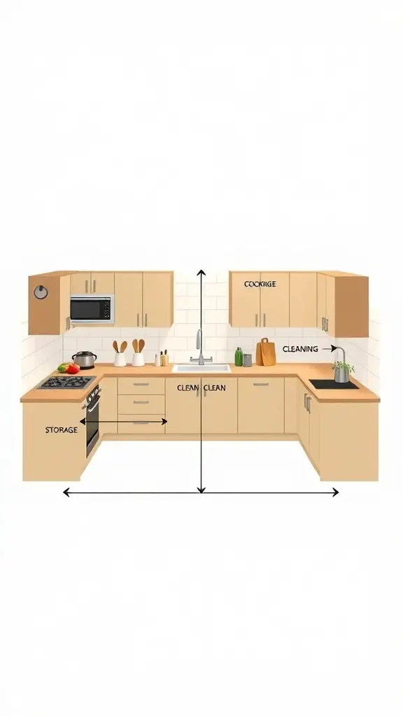 23+ Stunning U-Shaped Kitchen Layout Ideas 2 Illustration of a U-shaped kitchen layout showing cooking, cleaning, and storage areas.