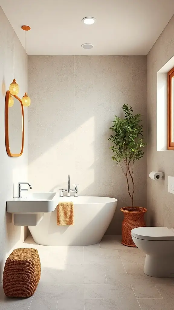 A mid-century modern bathroom featuring textured walls, a freestanding tub, and natural elements.