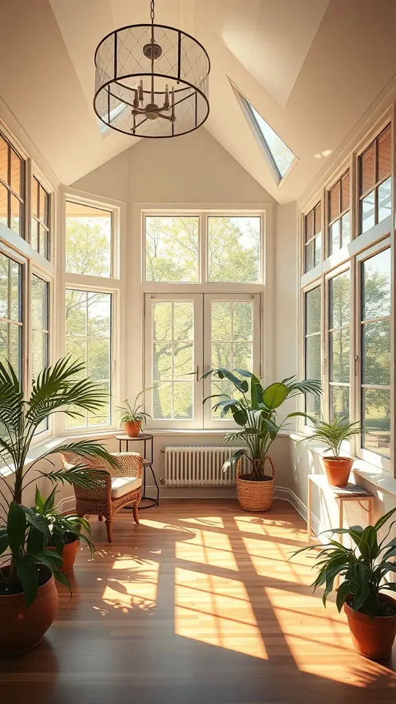 29+ Stunning Sunroom Addition Ideas Off Your Kitchen 7 A bright sunroom with large windows, plants, and a cozy chair.