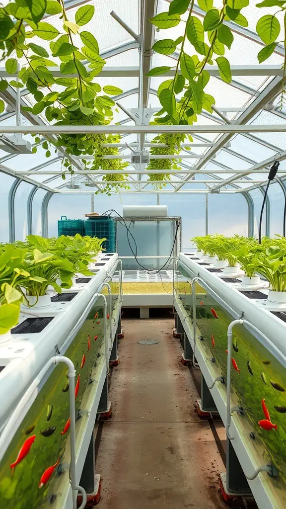 27+ Inspiring Inside Greenhouse Ideas 14 Inside view of a greenhouse with aquaponics system featuring plants and fish tanks.