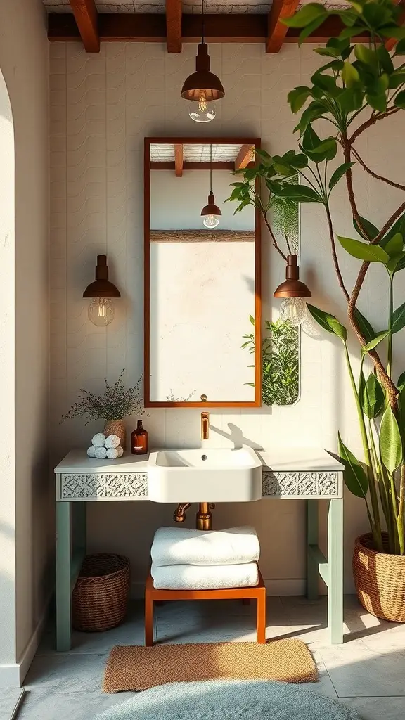 Stylish semi-outdoor bathroom vanity with natural elements and warm lighting