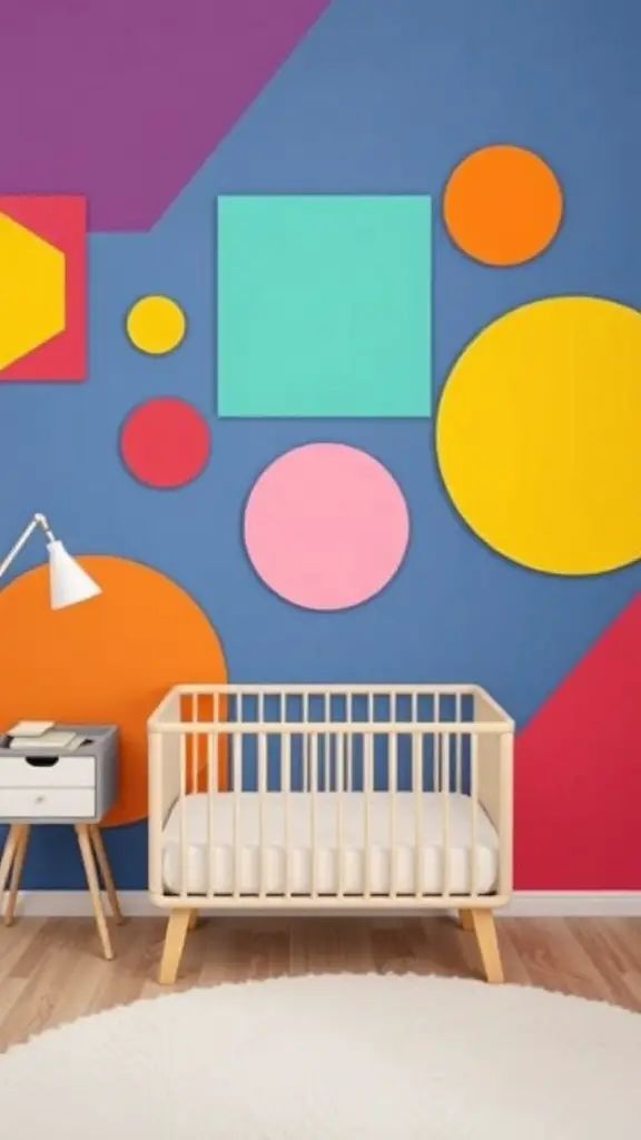 Colorful geometric shapes on a nursery wall with a crib and lamp