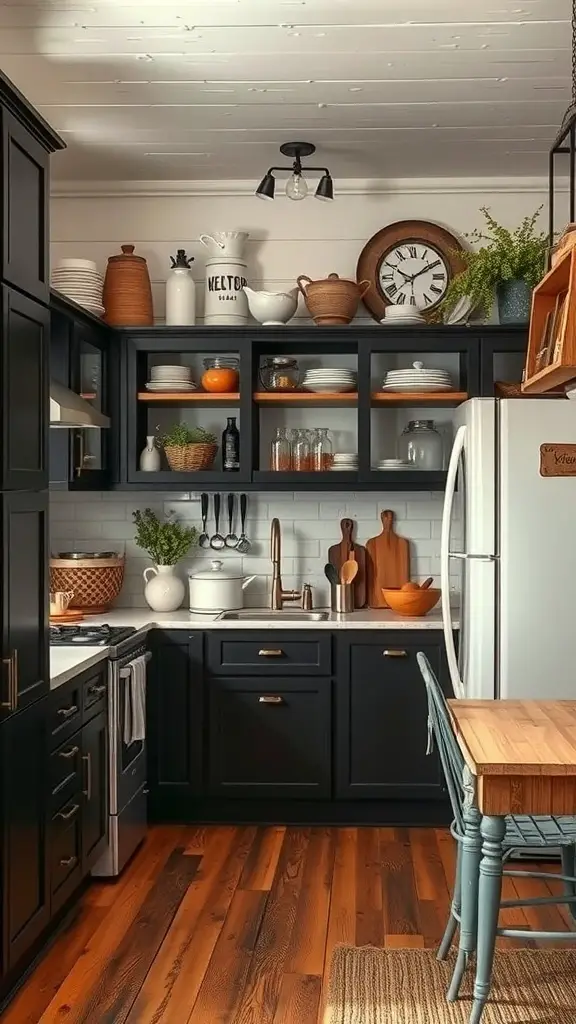 A rustic kitchen featuring black cabinets, vintage decor, and a wooden dining table.