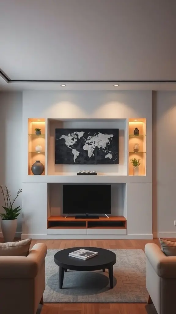 Living room with recessed shelving around a TV and decorative items