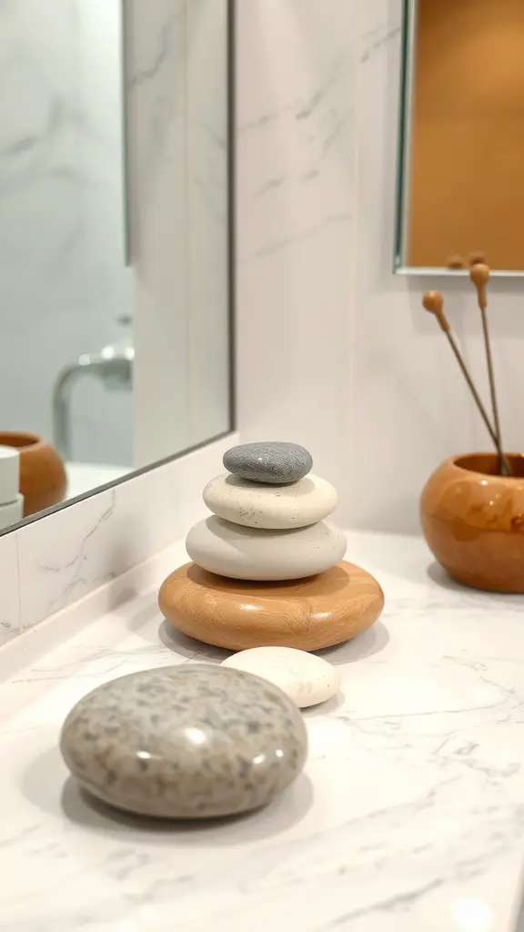 A bathroom counter with stacked natural stones and a wooden bowl.