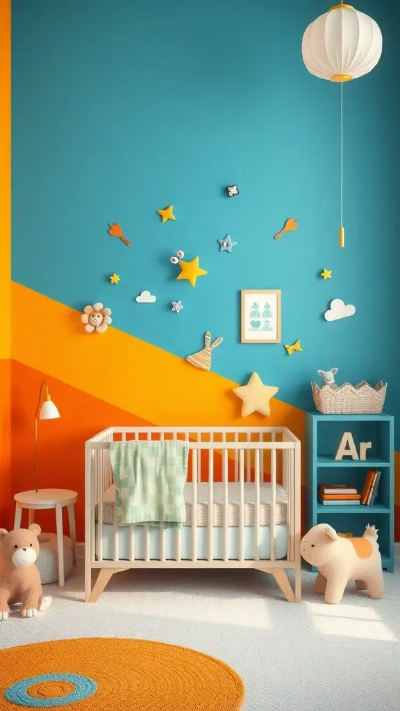 A colorful nursery featuring a blue and orange accent wall, a crib, playful decor, and a cozy atmosphere.