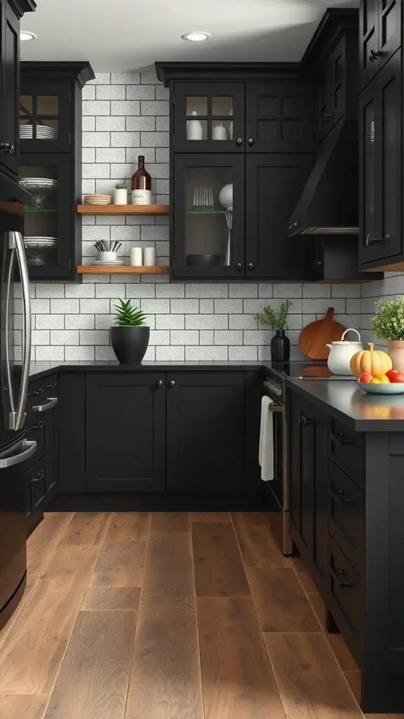 A modern kitchen featuring rustic black cabinets, wooden flooring, and open shelving.
