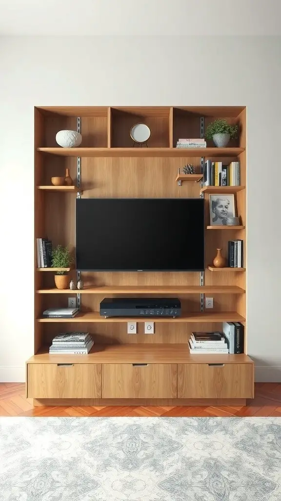 25+ Creative TV Wall Paneling Ideas for a Stylish Living Room 12 A wooden TV wall panel with open shelving, featuring decorative items and a TV.