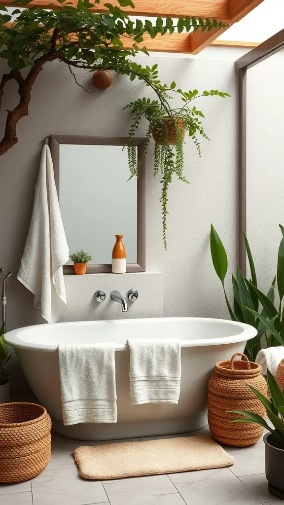 A semi-outdoor bathroom featuring a bathtub, plants, and cozy accessories.