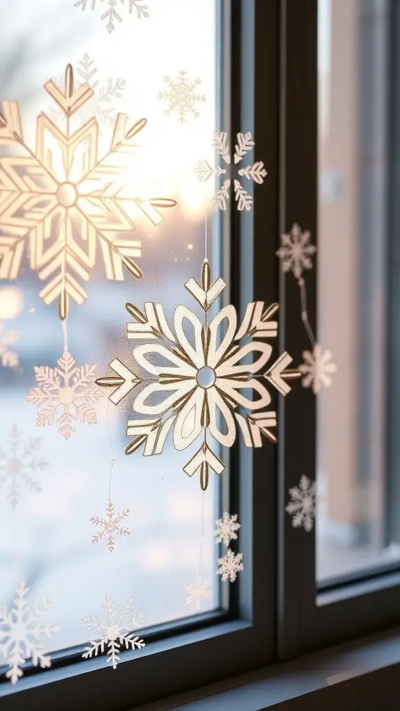 DIY snowflake window clings on a window, creating a winter wonderland effect.