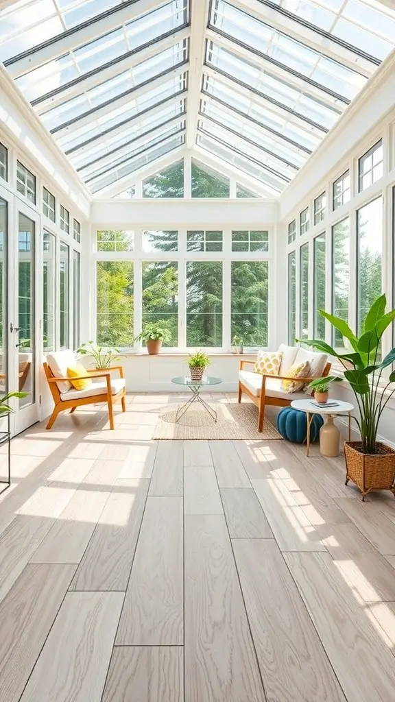 Bright sunroom with large windows and light-colored vinyl plank flooring.