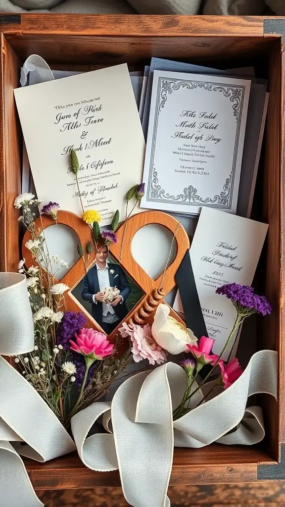 23+ Unique Memory Box Ideas s 7 A wooden memory box filled with wedding memorabilia including invitations, dried flowers, and a photo.