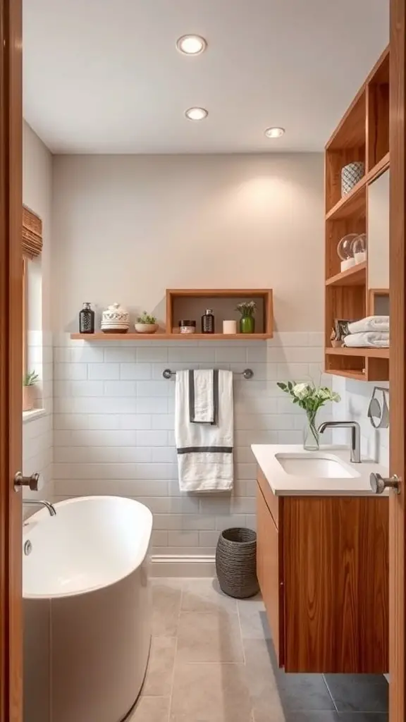 A mid-century modern bathroom featuring natural wood accents in cabinetry and shelves.