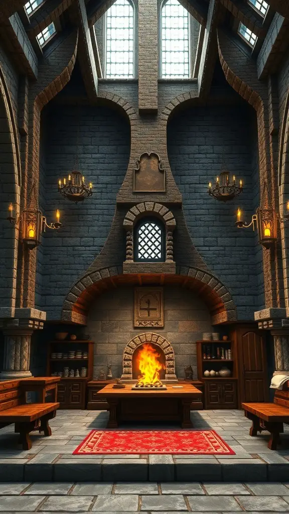 25+ Creative Minecraft Kitchen Designs You’ll Love 2 A medieval castle kitchen featuring high stone walls, a large fireplace, wooden tables, and tall windows.