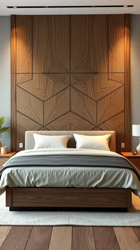 23+ Creative DIY Headboard Ideas to Transform Your Bedroom 8 Geometric wood panel headboard with intricate patterns and warm lighting