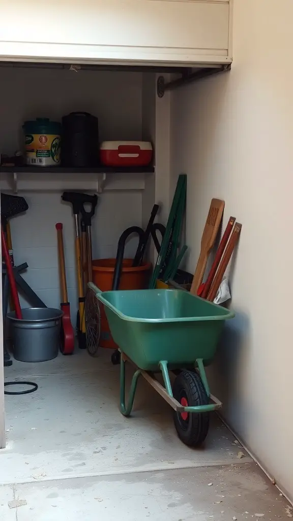 A compact garage with a green wheelbarrow and various gardening tools organized on shelves.