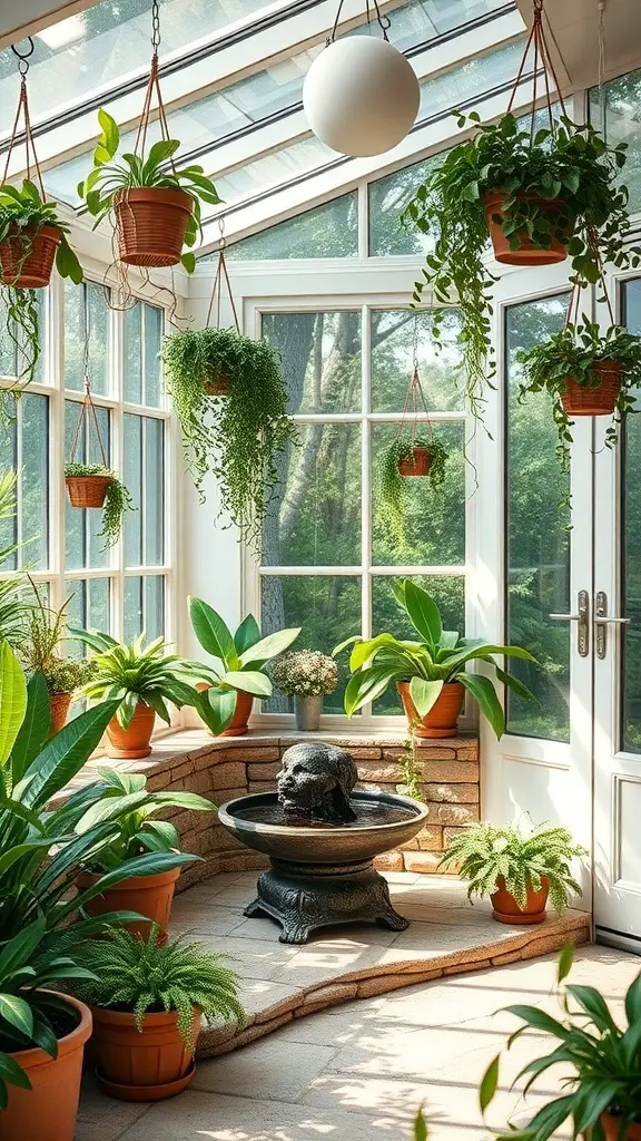 27+ Cozy Cottage Sunroom Ideas You’ll Love 6 A bright sunroom filled with hanging plants and a small fountain, creating a serene indoor garden atmosphere.