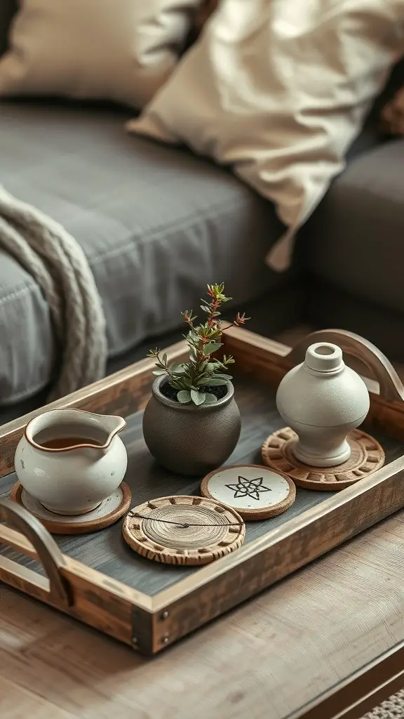 A coffee table tray with handmade pottery, including a teapot, a small plant, and wooden coasters.