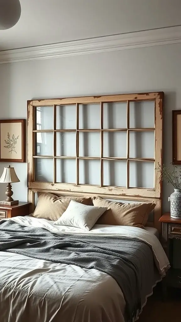 23+ Creative DIY Headboard Ideas to Transform Your Bedroom 12 A vintage window frame used as a headboard in a cozy bedroom setting.