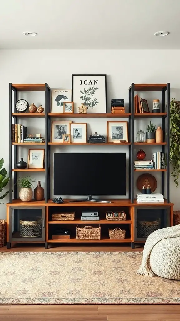 29+ Stunning Boho-Inspired Entertainment Centers to Transform Your Space 15 A stylish boho entertainment center with open shelving, featuring books, plants, and decorative items.