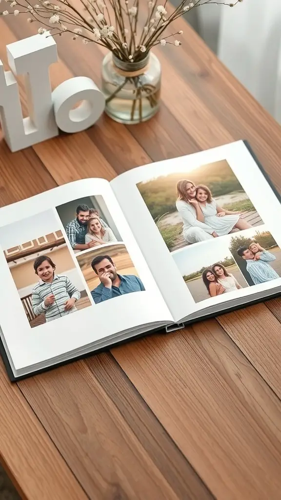 23+ Unique Memory Box Ideas s 4 A personalized photo album open on a wooden table, showcasing various family photos.