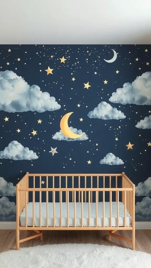 Nursery wall decor featuring clouds, stars, and a crescent moon