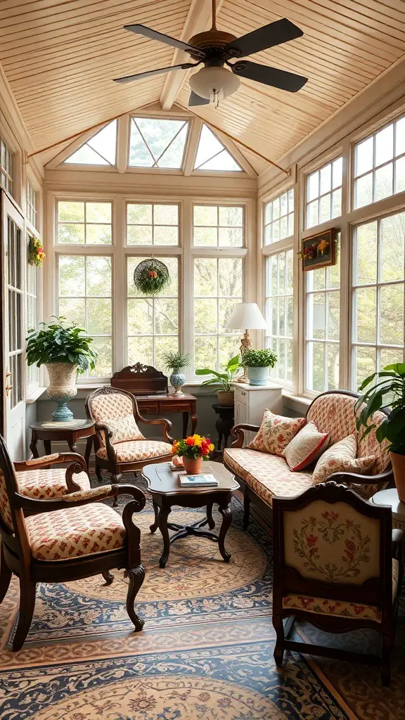 27+ Cozy Cottage Sunroom Ideas You’ll Love 12 A vintage sunroom featuring antique furniture, large windows, and plants.