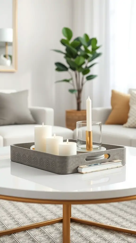 A coffee table with a gray tray holding candles and a glass, surrounded by a cozy living room setting.