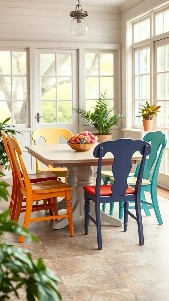 25+ Stylish Sunroom Furniture Ideas for a Cozy Retreat 13 Colorful garden-style dining chairs in a sunroom with plants and a white table.