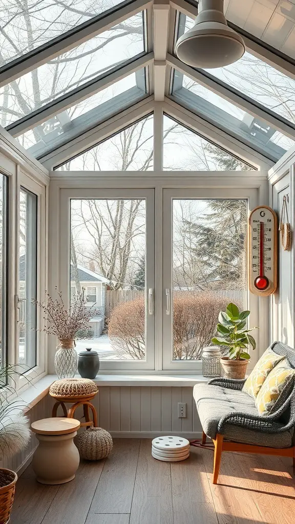29+ Stunning Porch to Sunroom Conversion Ideas to Transform Your Home 7 A bright sunroom with large windows and cozy seating, showcasing a comfortable indoor space.