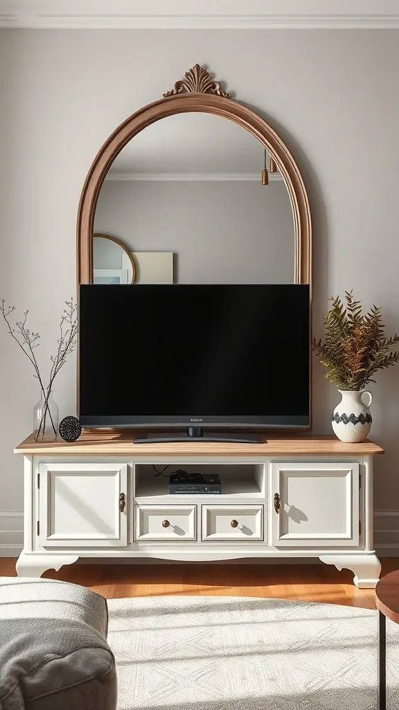 A stylish living room setup featuring a large mirror above a TV stand with decorative elements.