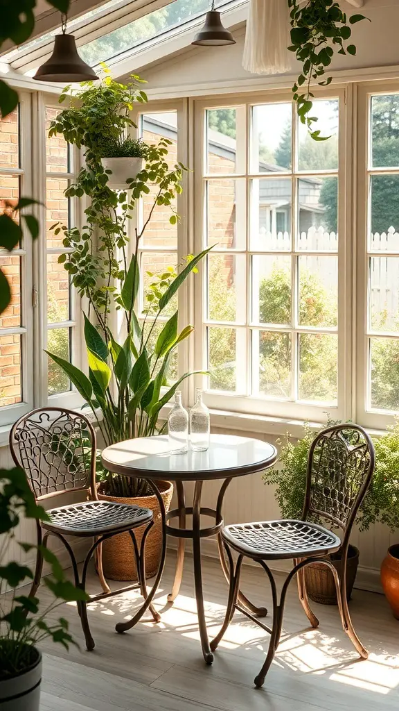 Cozy sunroom with a small bistro table and two chairs surrounded by plants