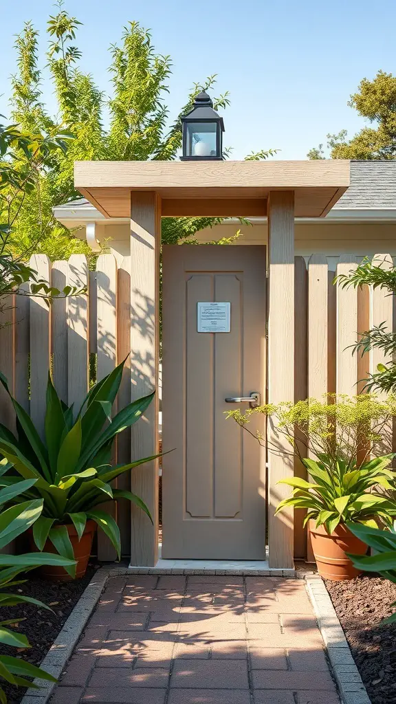 A garden privacy screen with a wooden door and surrounding plants.