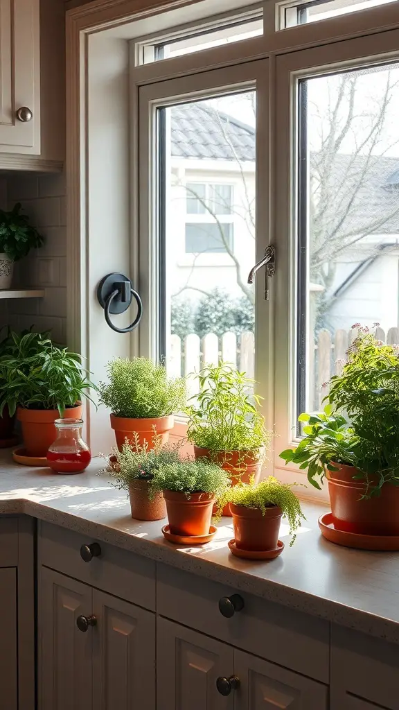 A cozy kitchen windowsill with various potted herbs basking in sunlight.