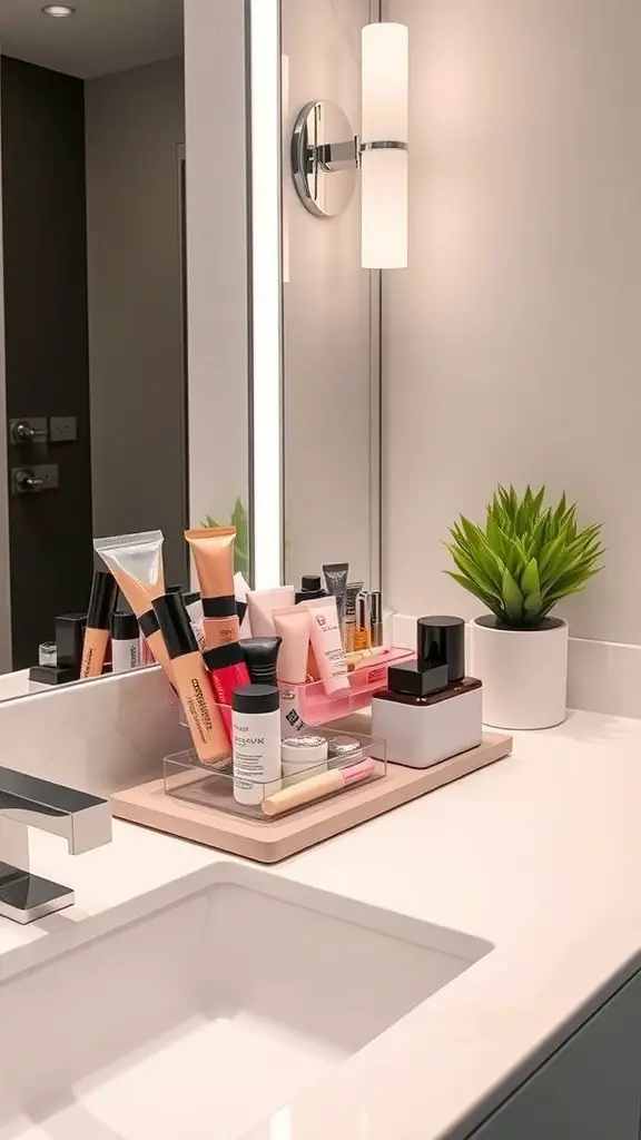 A stylish bathroom counter featuring trendy makeup holders and a small plant.