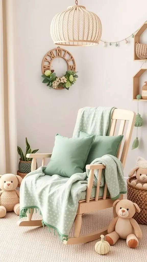 A cozy nursery featuring sage green accents with a rocking chair, pillows, and stuffed animals.
