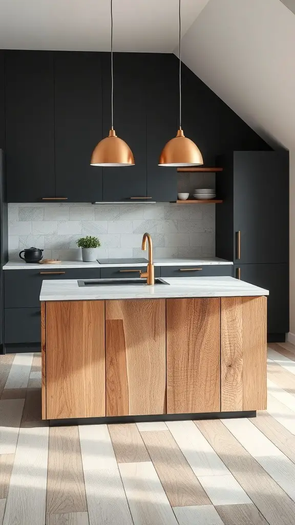 A modern small kitchen featuring a wood and stone island with copper light fixtures.