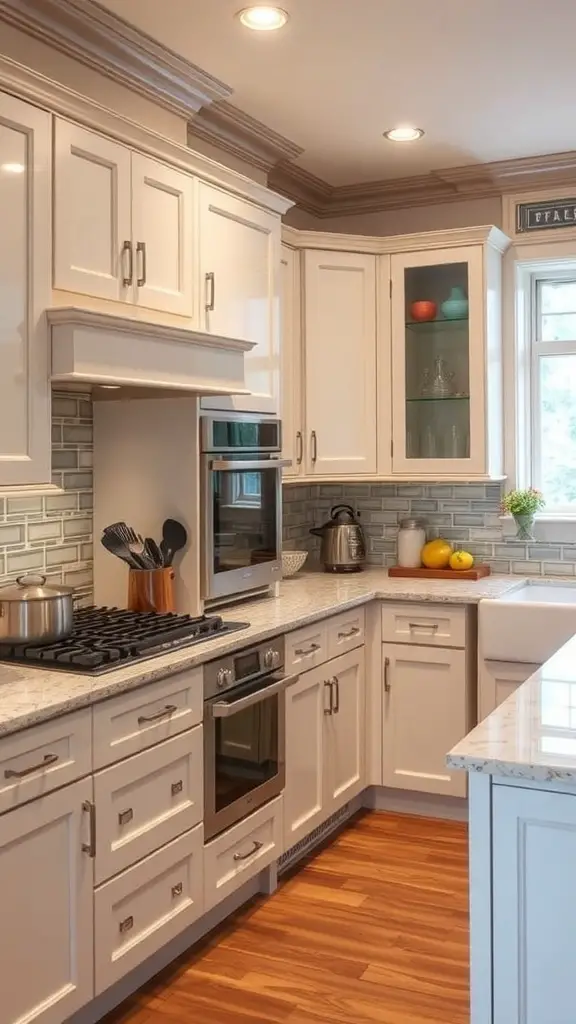 29+ Stunning Double Oven Kitchen Layout Ideas 6 U-shaped kitchen featuring double ovens, modern cabinetry, and wooden flooring.