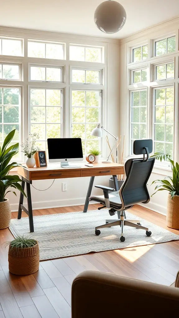 27+ Cozy Cottage Sunroom Ideas You’ll Love 11 Stylish home office in a sunroom with large windows, a wooden desk, and plants