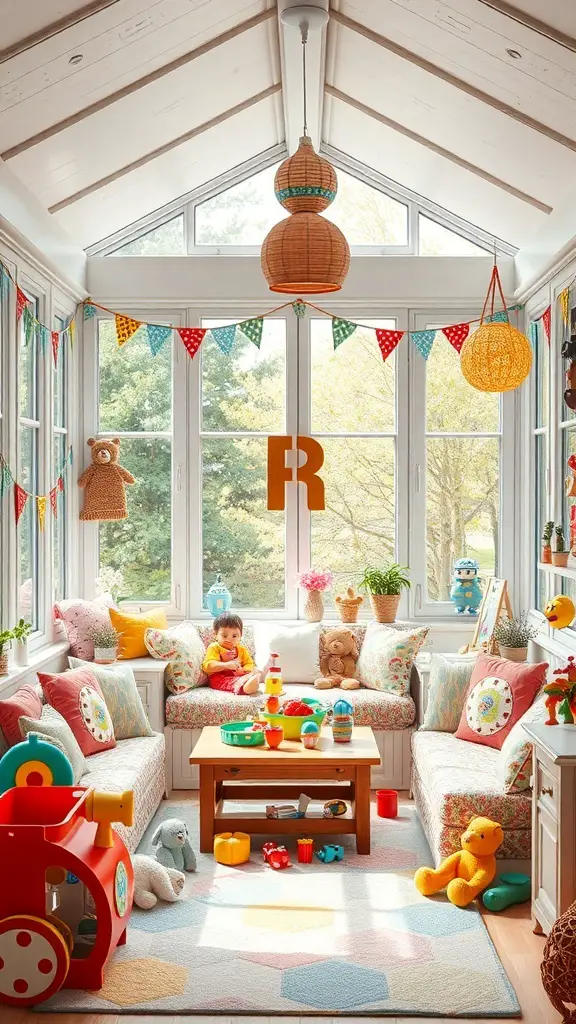 27+ Charming Small Sunroom Ideas to Brighten Your Home 7 A colorful and playful sunroom designed for kids, featuring soft seating, toys, and bright decorations.