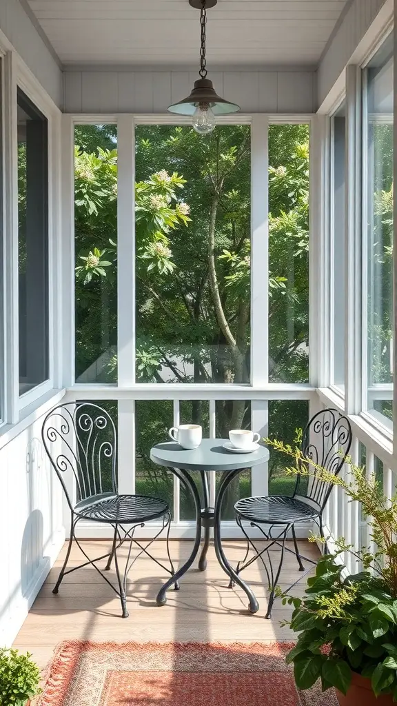 A small screened-in porch with two chairs and a table, surrounded by greenery.