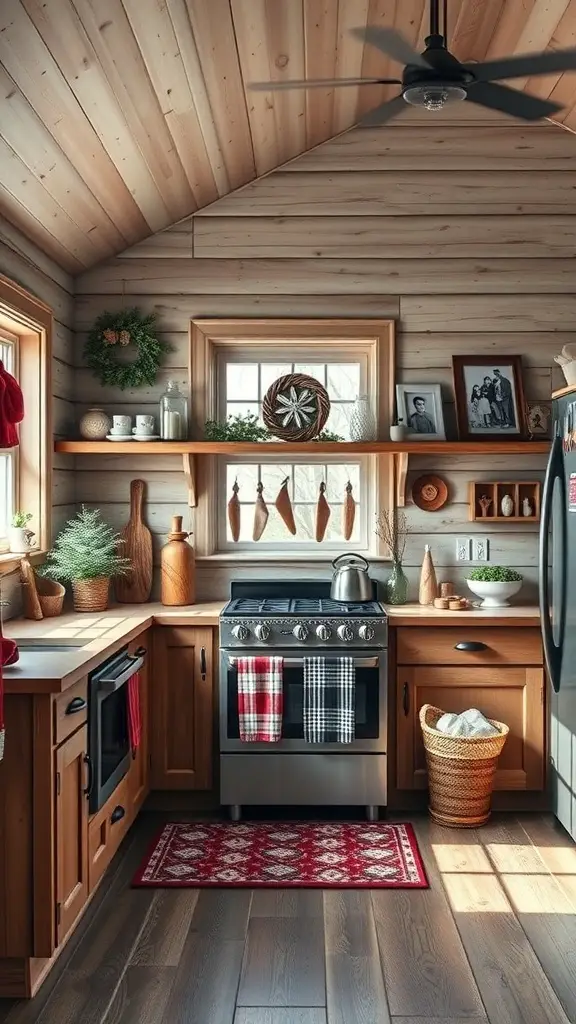 Cozy winter cabin kitchen with wooden cabinets, open shelves, and decorative elements.