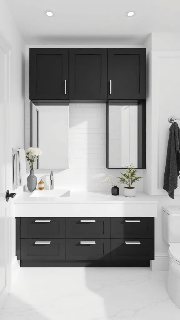 23+ Stunning Black and White Bathroom Ideas You'll Love 3 A modern bathroom featuring dark cabinets, white countertops, and light walls.