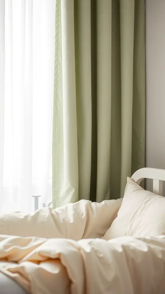 A cozy nursery corner featuring sage green curtains and light beige bedding.