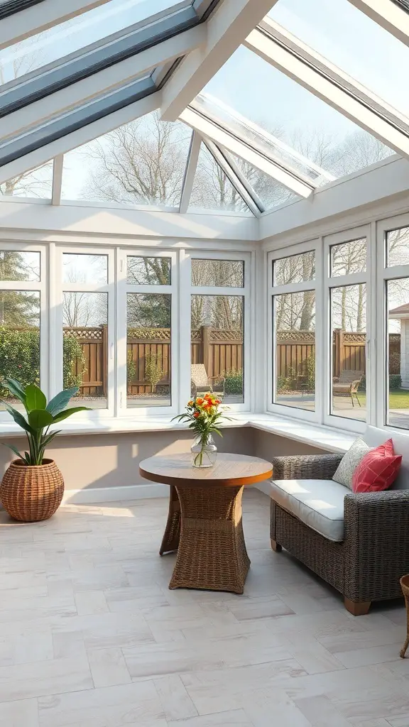 29+ Stunning Porch to Sunroom Conversion Ideas to Transform Your Home 15 A bright sunroom with large windows, a round table, and comfortable seating.