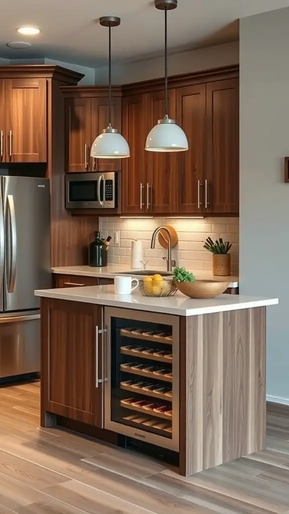 A modern kitchen island with a wine cooler and microwave, featuring warm wood tones and stylish pendant lighting.